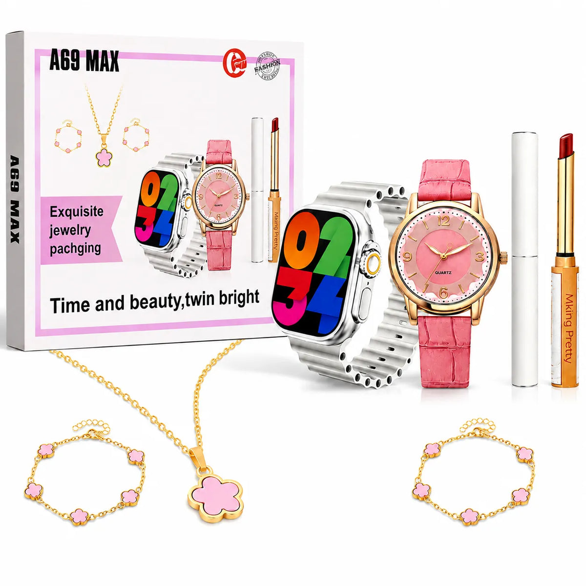 Set regalo smartwatch con cinturino rosa, orologio analogico, gioielli e rossetto