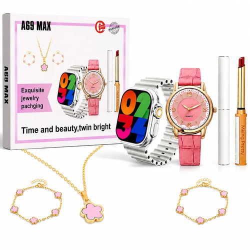 Set regalo smartwatch con cinturino rosa, orologio analogico, gioielli e rossetto