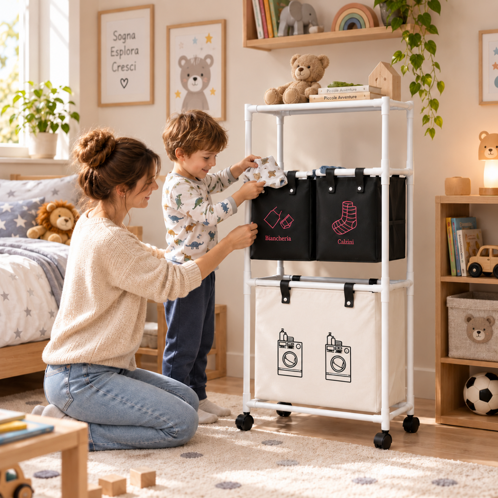 Carrello per bucato con 3 livelli, 3 sacche nere, ruote, ripiano superiore e organizer