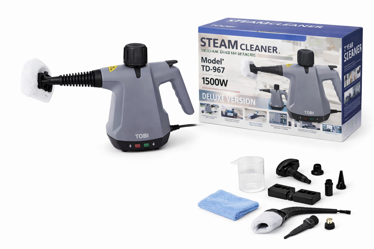 Pulitore a vapore portatile grigio con scatola e accessori assortiti