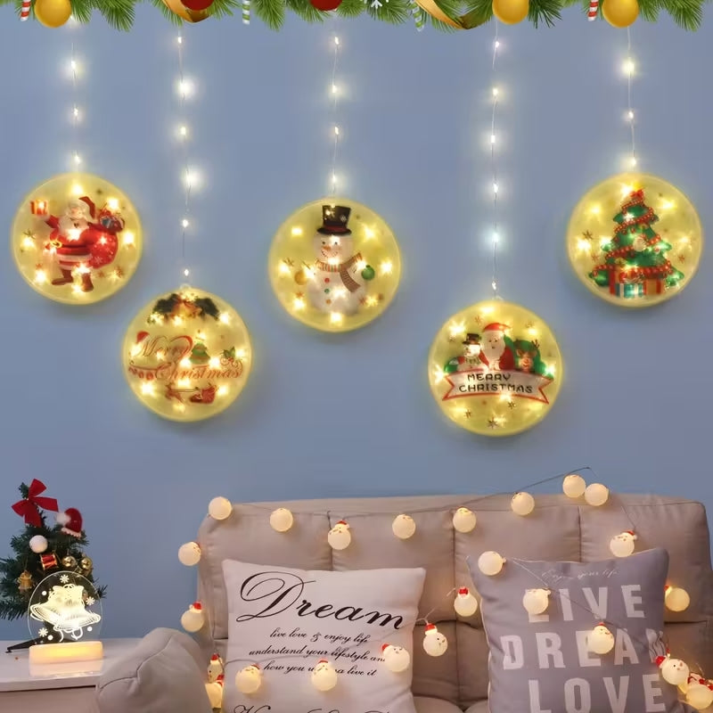 Catena luminosa natalizia a LED con dischi rotondi dorati illuminati, pupazzo di neve e albero