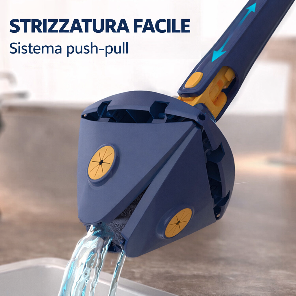Mocio triangolare rotante con base blu e meccanismo push-pull