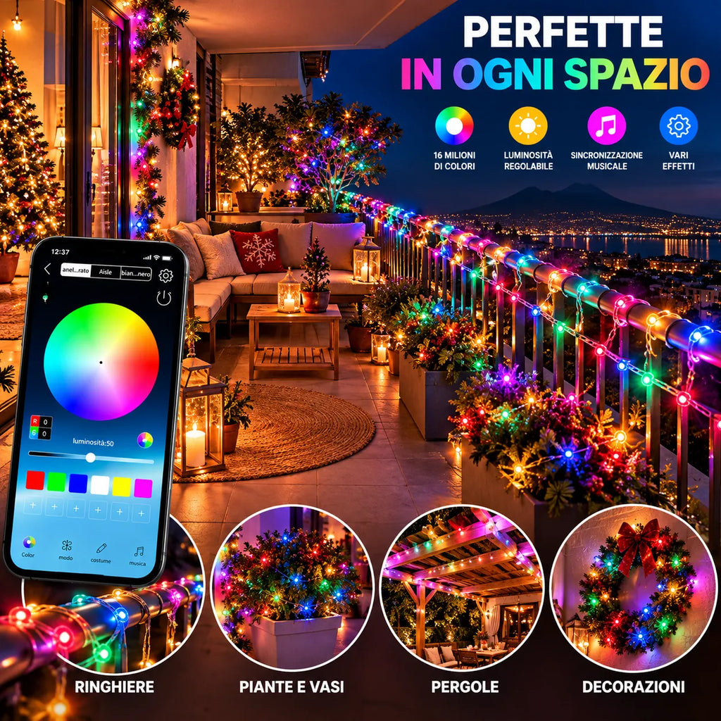 Luci LED RGB decorative su balcone con smartphone e app colori