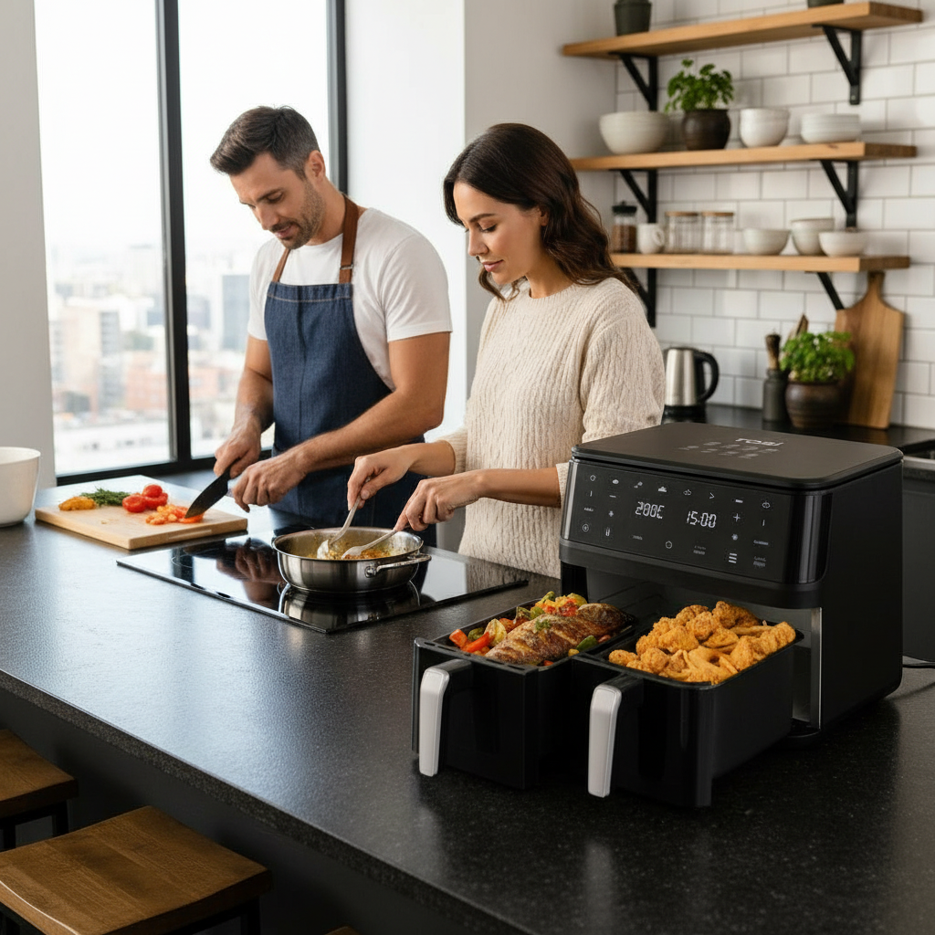 Friggitrice ad aria dual zone nera in uso, doppio cestello con cibo e touch LED.