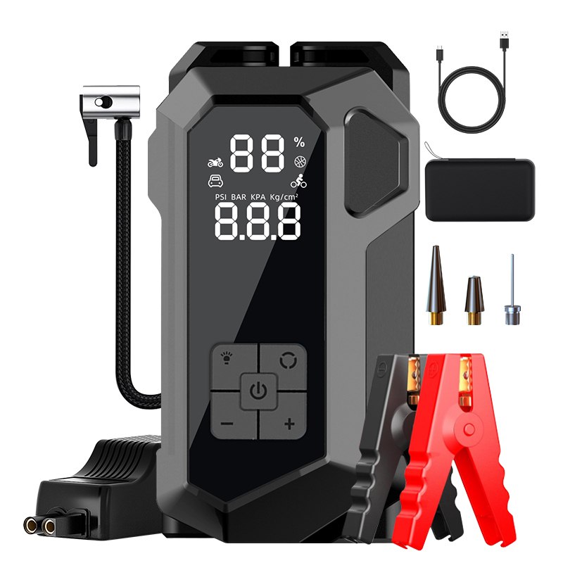 Avviatore emergenza auto 4-in-1 grigio con display LCD, cavi e pinze rosse