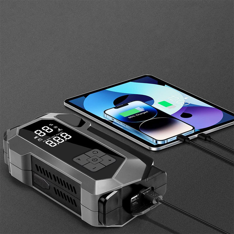 Avviatore emergenza auto 4-in-1 grigio con power bank USB per ricaricare smartphone