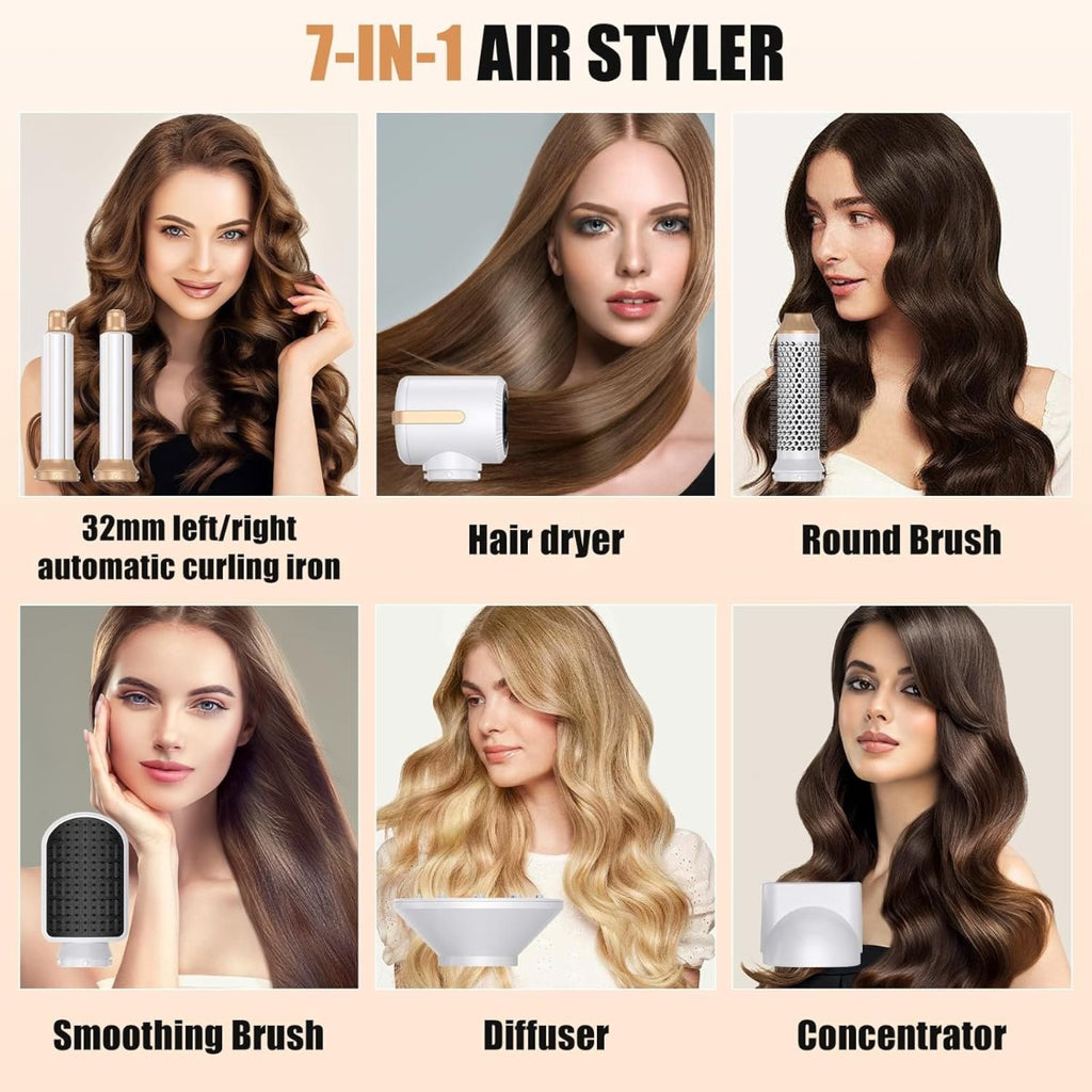 Styler per capelli 7-in-1 bianco e oro con accessori: diffusore, concentratore e spazzola