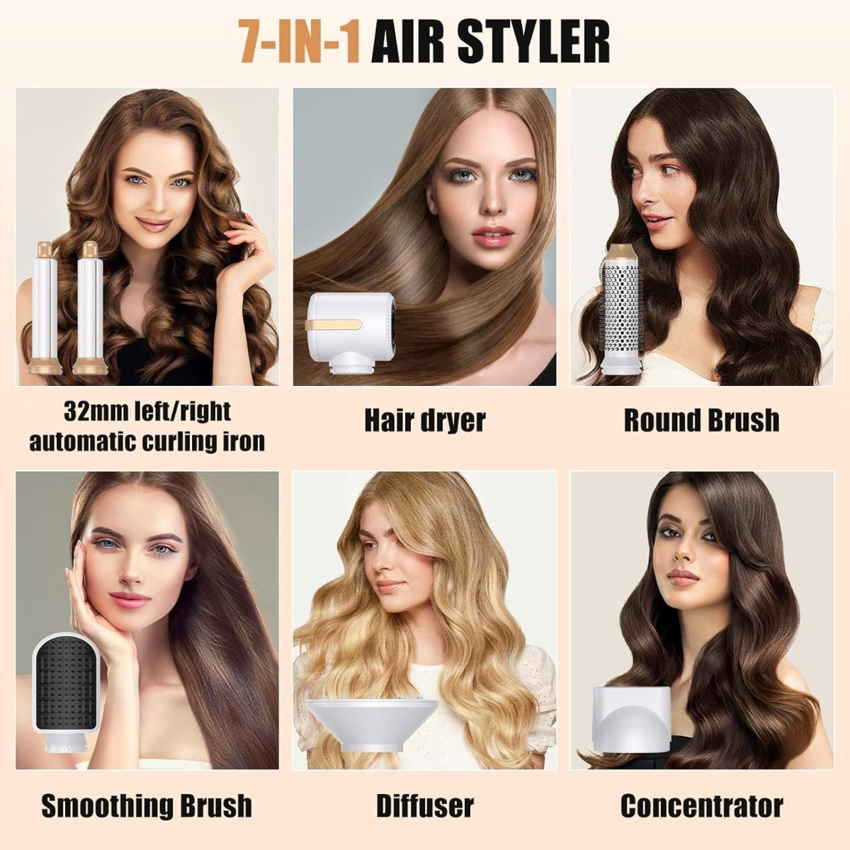 Styler per capelli 7-in-1 bianco e oro con accessori: diffusore, concentratore e spazzola
