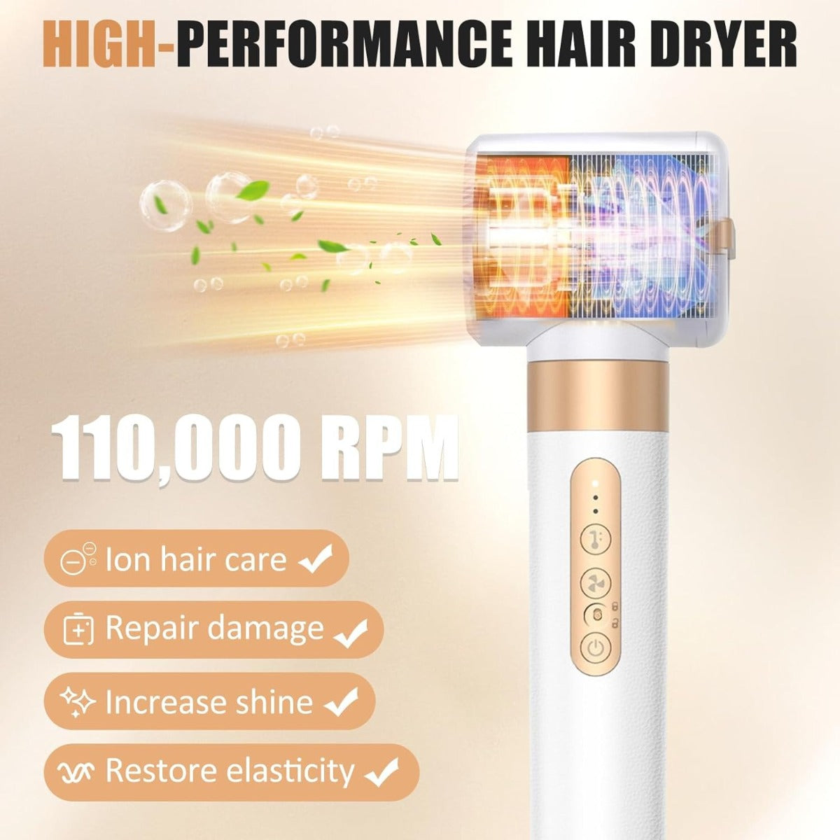 Asciugacapelli ionico 110.000 RPM bianco e oro con griglia e testina diffusore