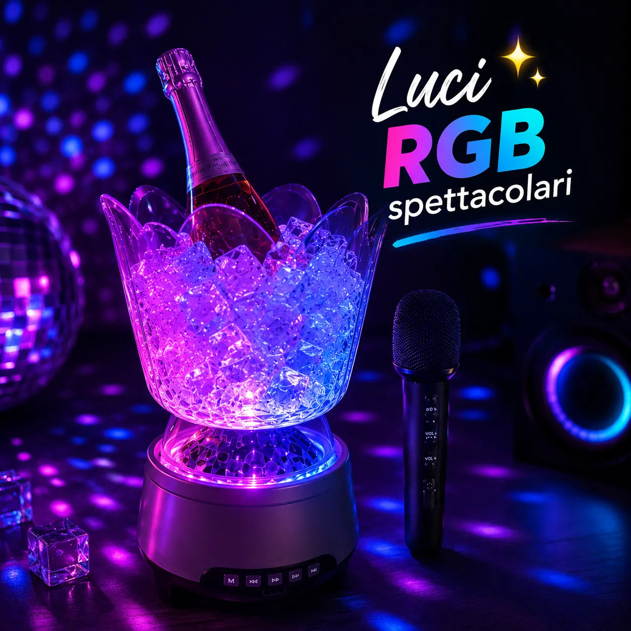 Secchiello ghiaccio altoparlante RGB con microfono, anello LED viola e blu.