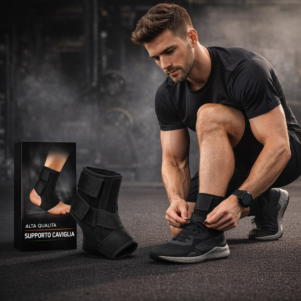 Tutore caviglia nero in neoprene con doppie fasce a strappo, indossato.