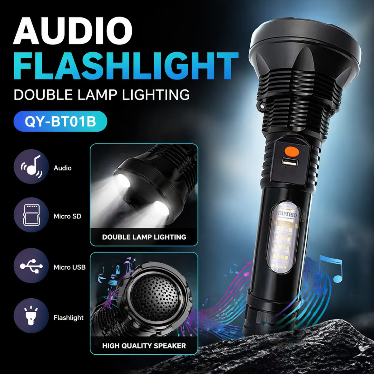 Torcia LED Ricaricabile con Speaker Bluetooth Integrato – Luce Potente + Musica | Micro SD | USB | Multifunzione Outdoor