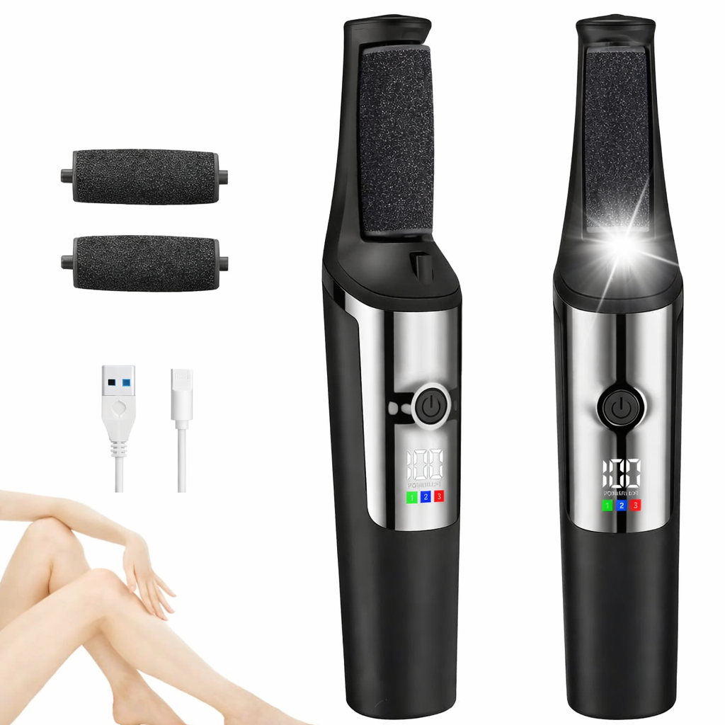 Pedicure Elettrico Professionale per Piedi – Lima Elettrica per Calli e Talloni – Rimuovi Pelle Morta – 3 Rulli Abrasivi – Display LED – Luce LED – Ricarica USB