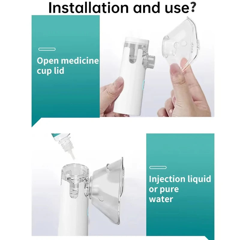 Nebulizzatore ultrasuoni bianco con maschera trasparente e vaschetta medicinale rimovibile.