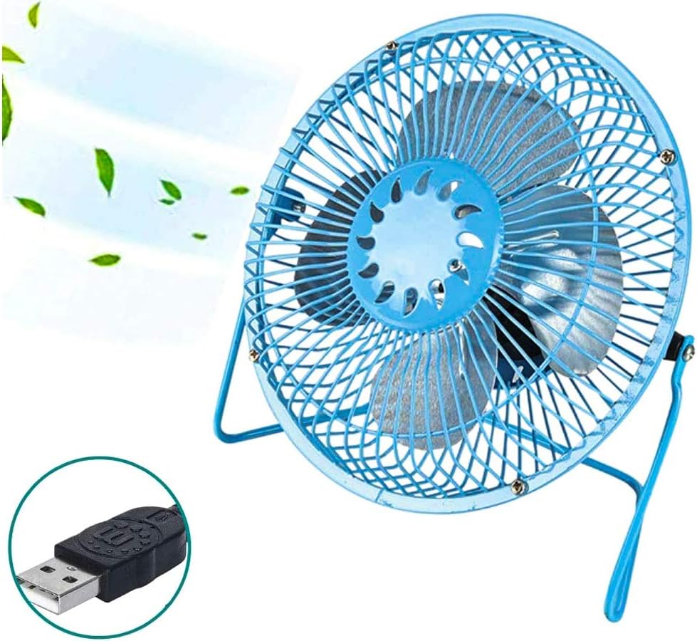 Mini ventilatore da tavolo metallico blu con griglia tonda e cavalletto, alimentazione USB.