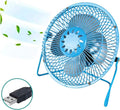Mini ventilatore da tavolo metallico blu con griglia tonda e cavalletto, alimentazione USB.