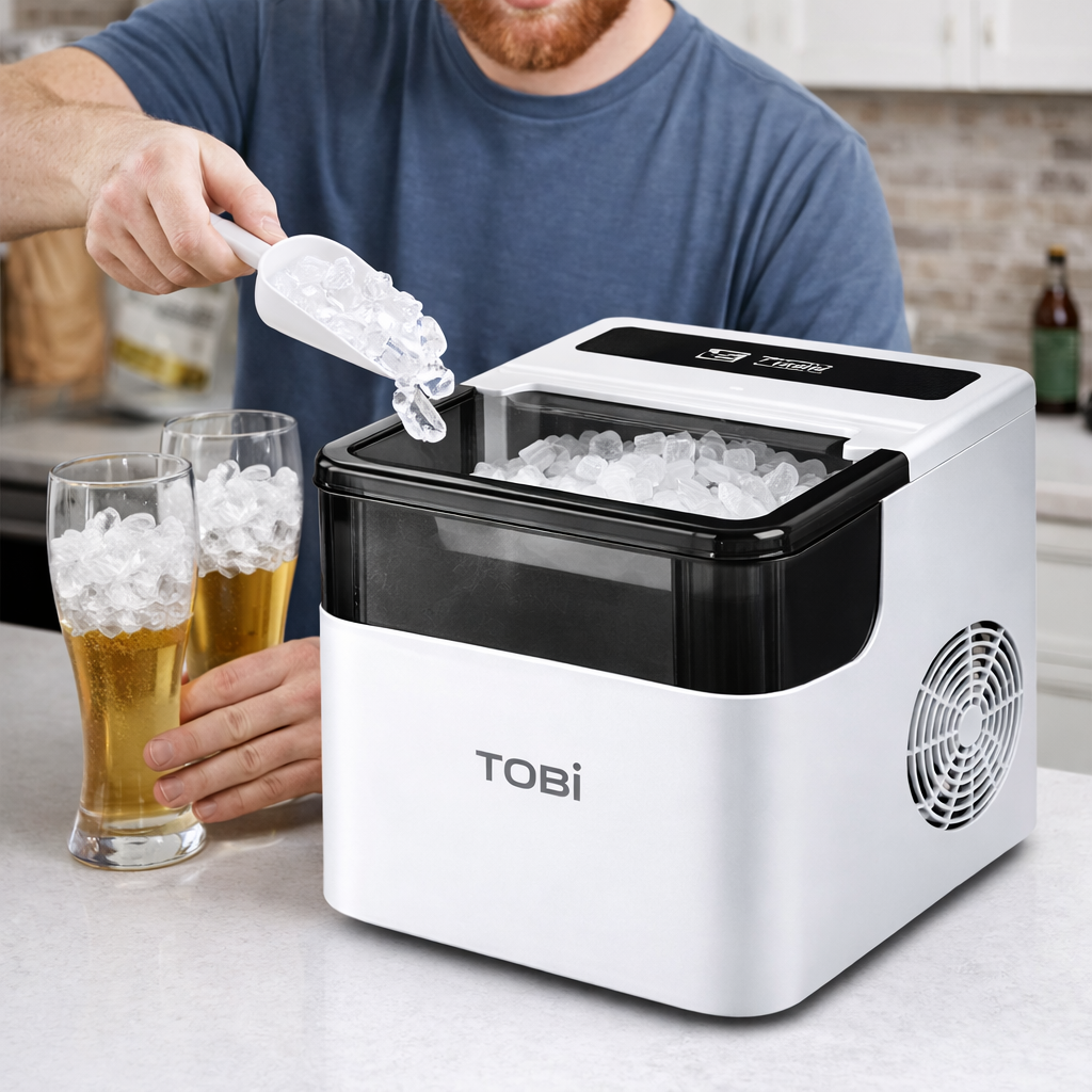 Macchina del ghiaccio automatica TOBI bianca con sportello nero e cubetti nel cestello