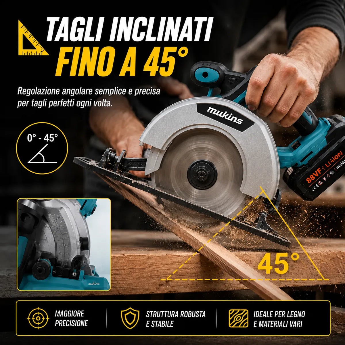 Sega circolare cordless blu con lama metallica e manico impugnato durante il taglio