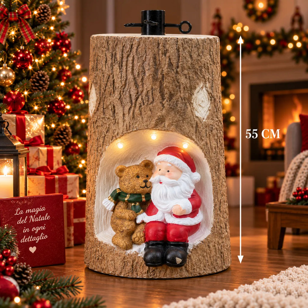 Decorazione natalizia luminosa a tronco in legno, 55 cm, Babbo Natale e orsetto con luci