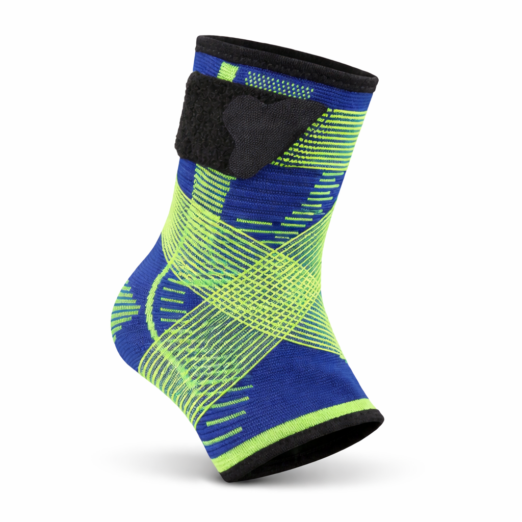 Cavigliera elasticizzata blu e verde con fascia nera e pannello di supporto