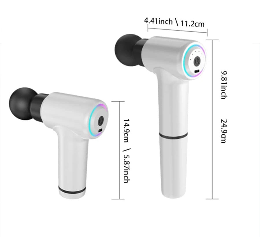 Massaggiatore fascial gun bianco con impugnatura lunga e due testine nere