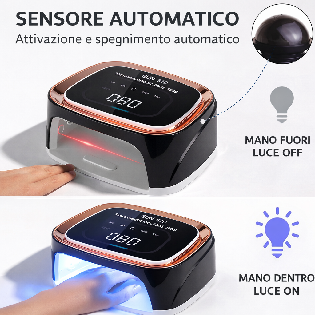 Lampada UV LED con sensore automatico, display acceso e luce blu su mano