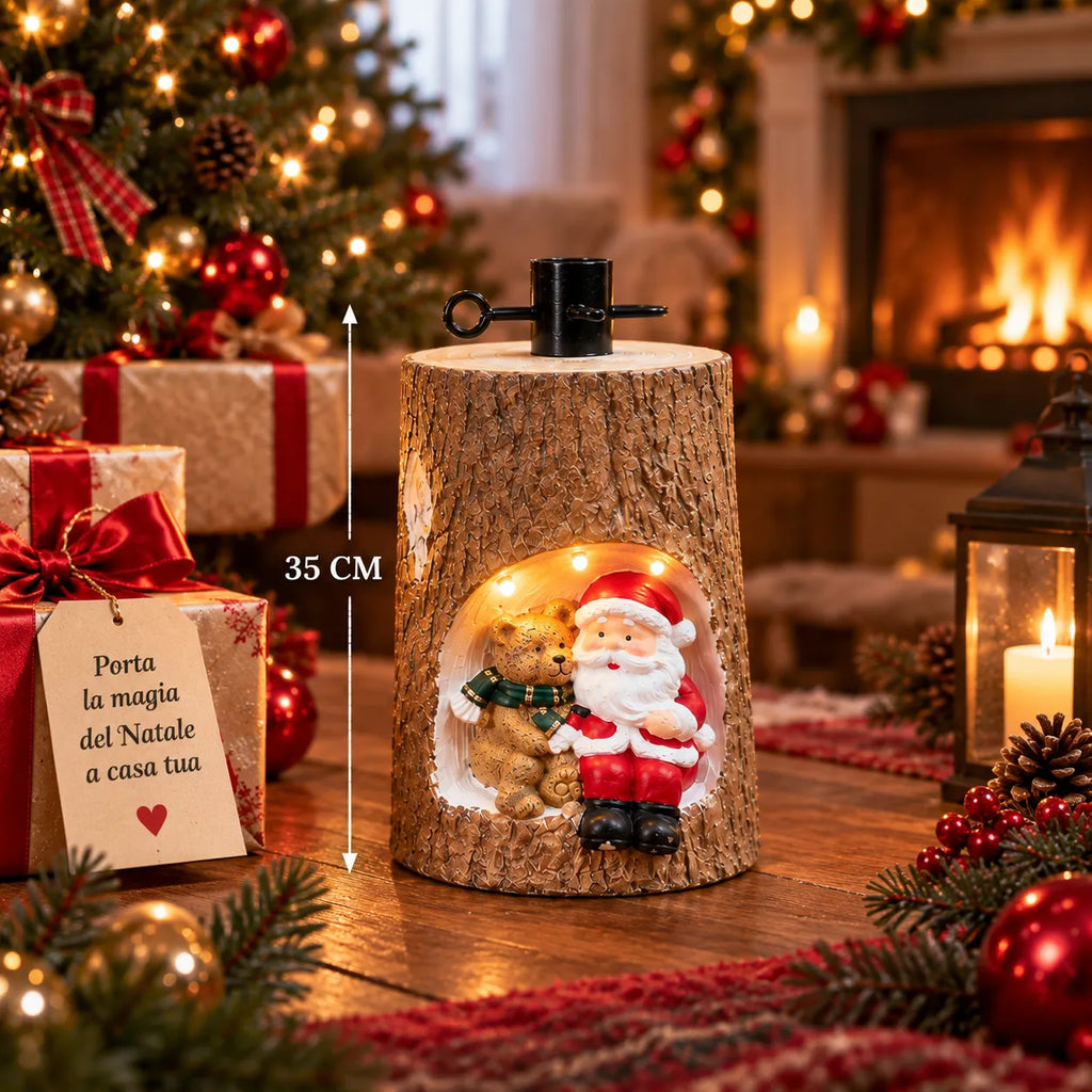 Decorazione luminosa su tronco effetto legno con Babbo Natale e orsino, 35 cm