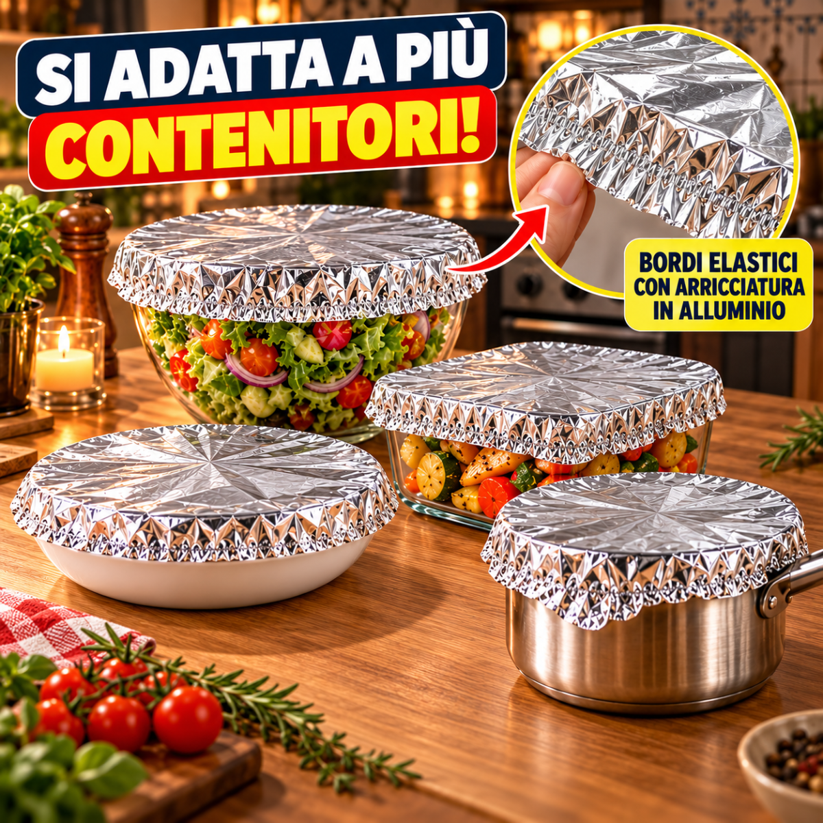 Set coperture in alluminio argentato con bordo elastico per contenitori diversi