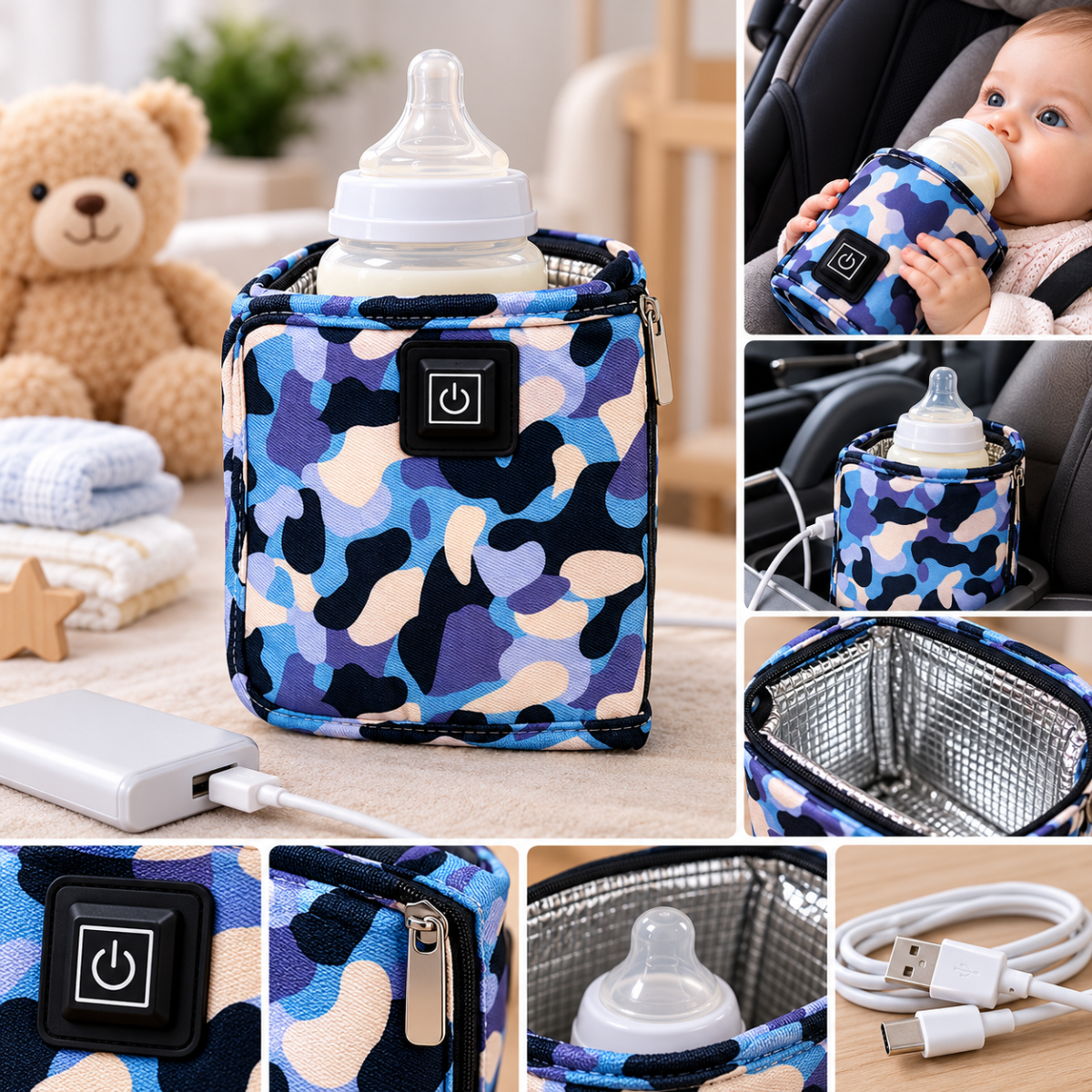 Borsa termica scaldabiberon USB mimetica blu con pannello e scomparto isolante