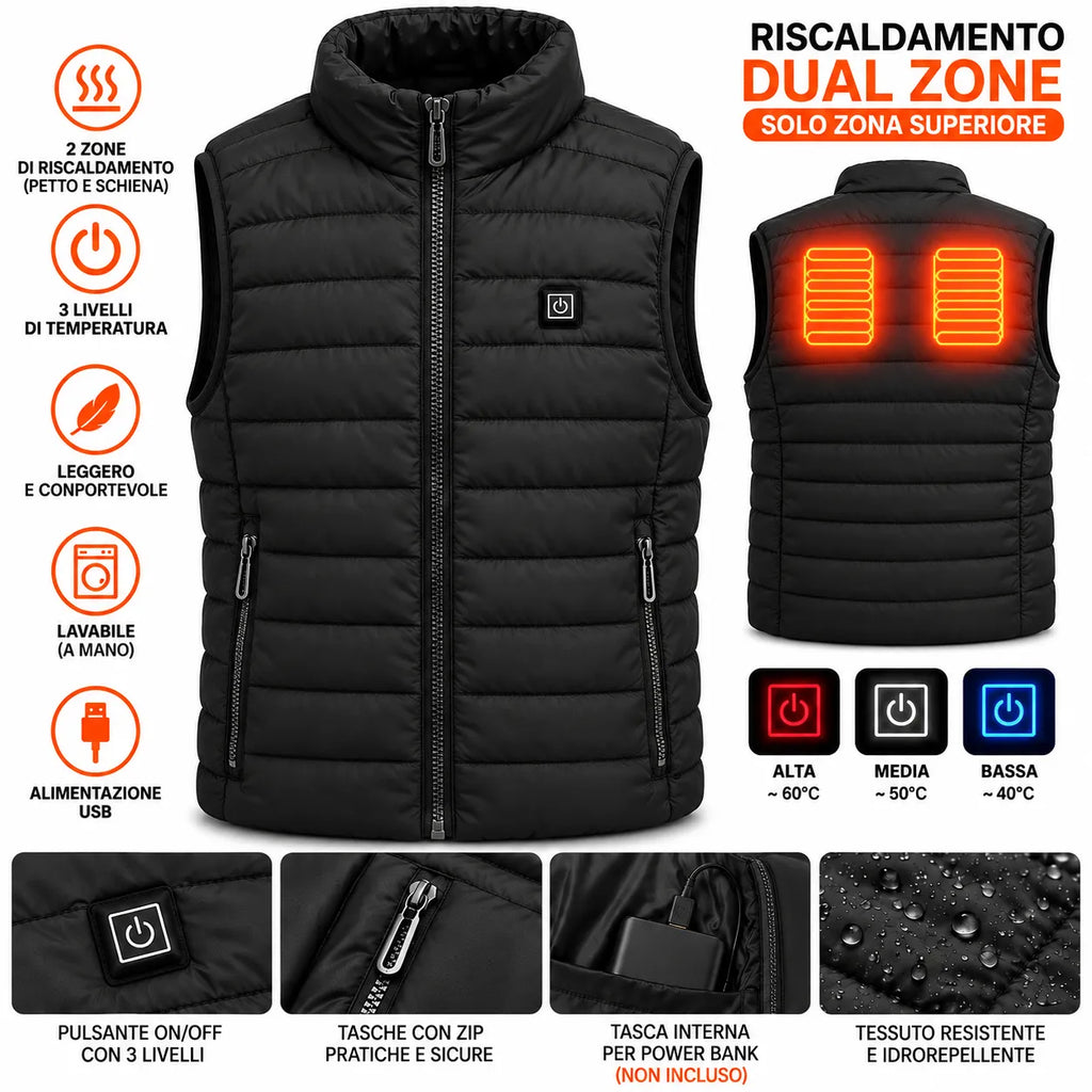 Gilet riscaldante unisex nero con cappuccio, zip frontale, tasche e pannelli calore dual zone