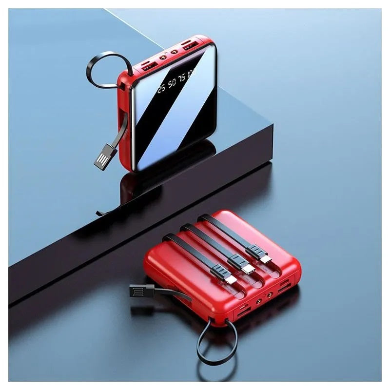 Power bank compatto rosso con display LED e cavo USB integrato