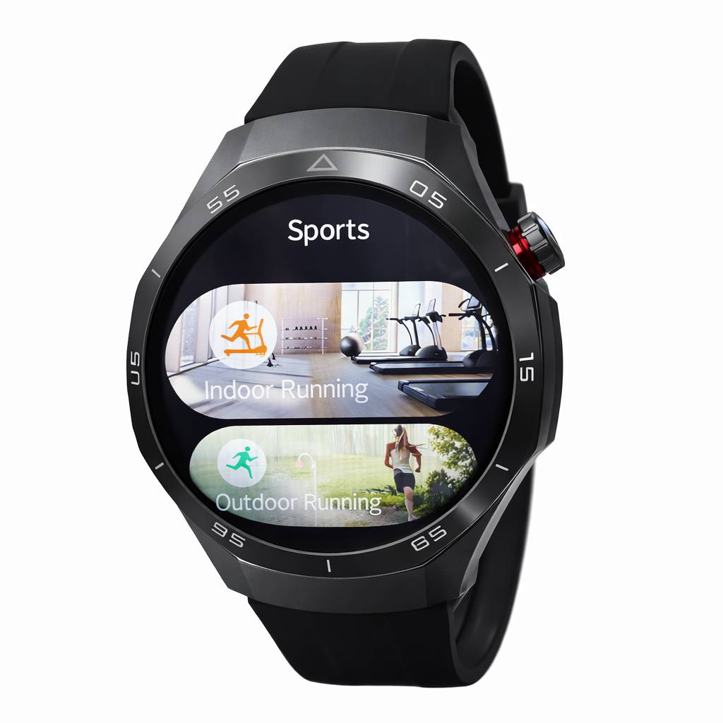 Smartwatch nero con schermata Sport: Indoor Running e Outdoor Running.