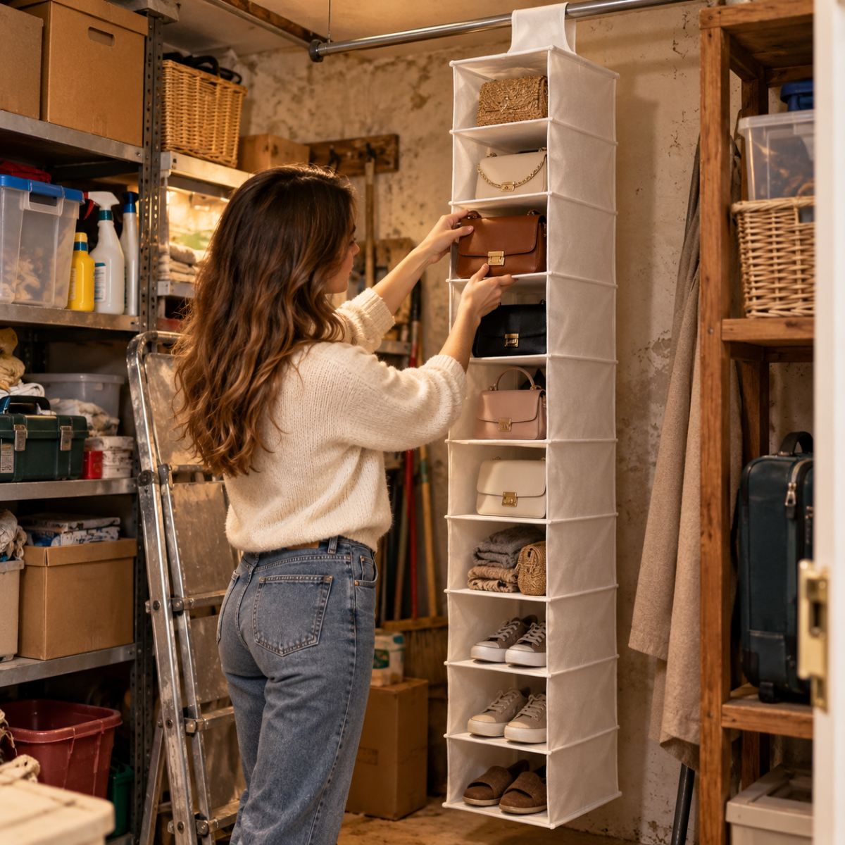 Organizer da appendere bianco con ripiani sospesi, con scarpe e accessori.