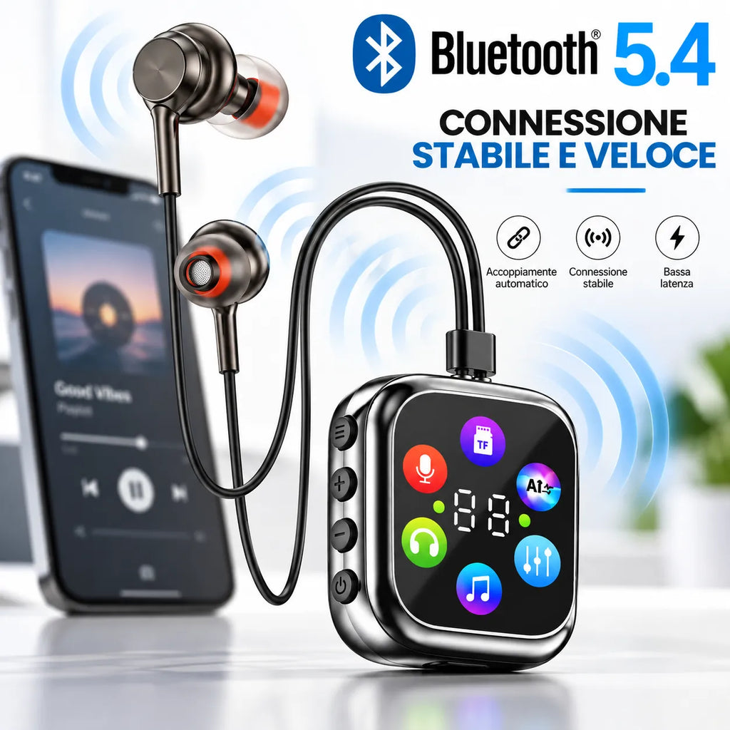 Auricolari Bluetooth con unità display LED e auricolari in metallo, cavo nero