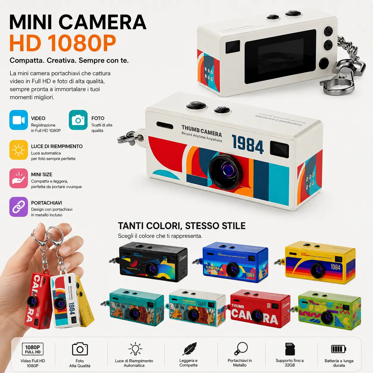 Mini fotocamera portatile retrò bianca con schermo LCD e portachiavi cromato