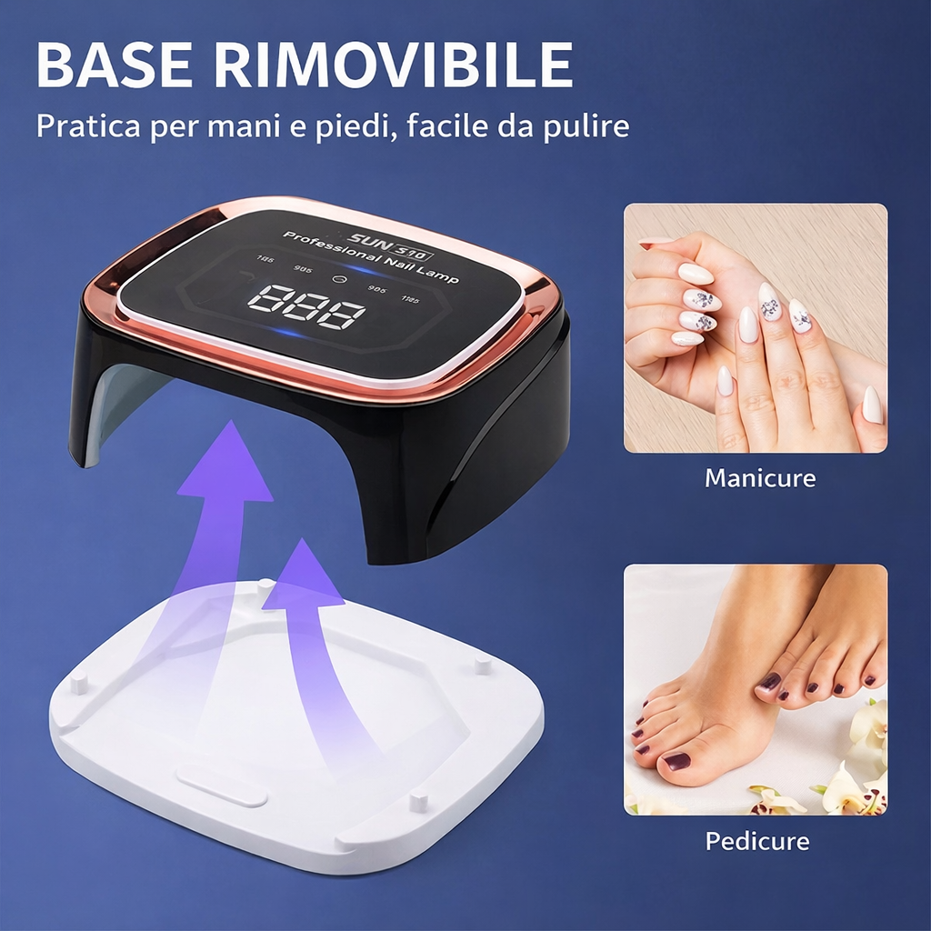 Lampada UV LED con base rimovibile bianca e fascia rame, display acceso