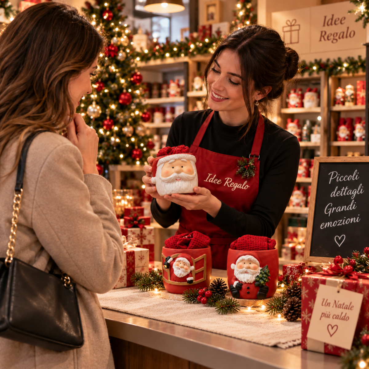 Tazze natalizie con Babbo Natale e strofinaccio da cucina in confezione regalo