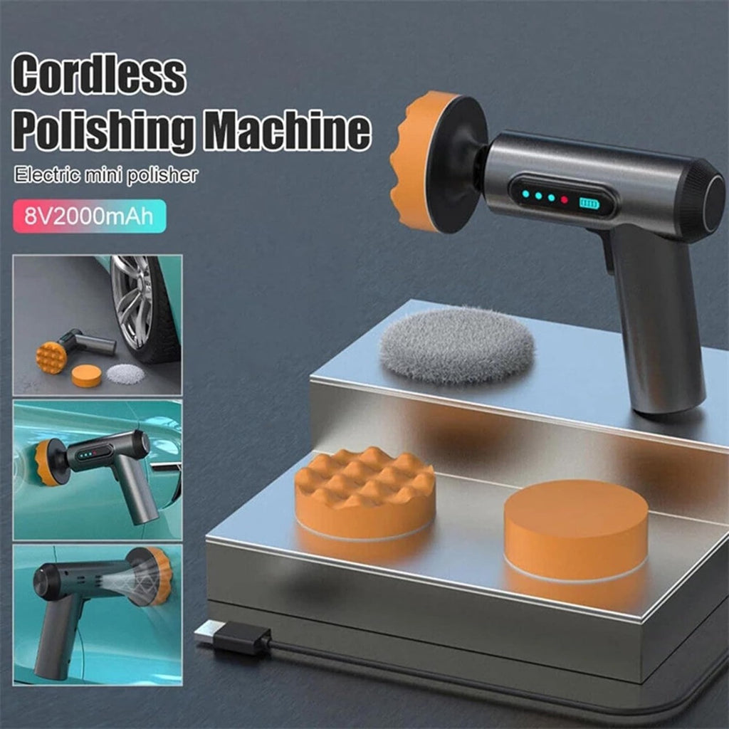 Lucidatrice cordless per auto con accessori su base espositiva: spugna grigia e 2 arancioni