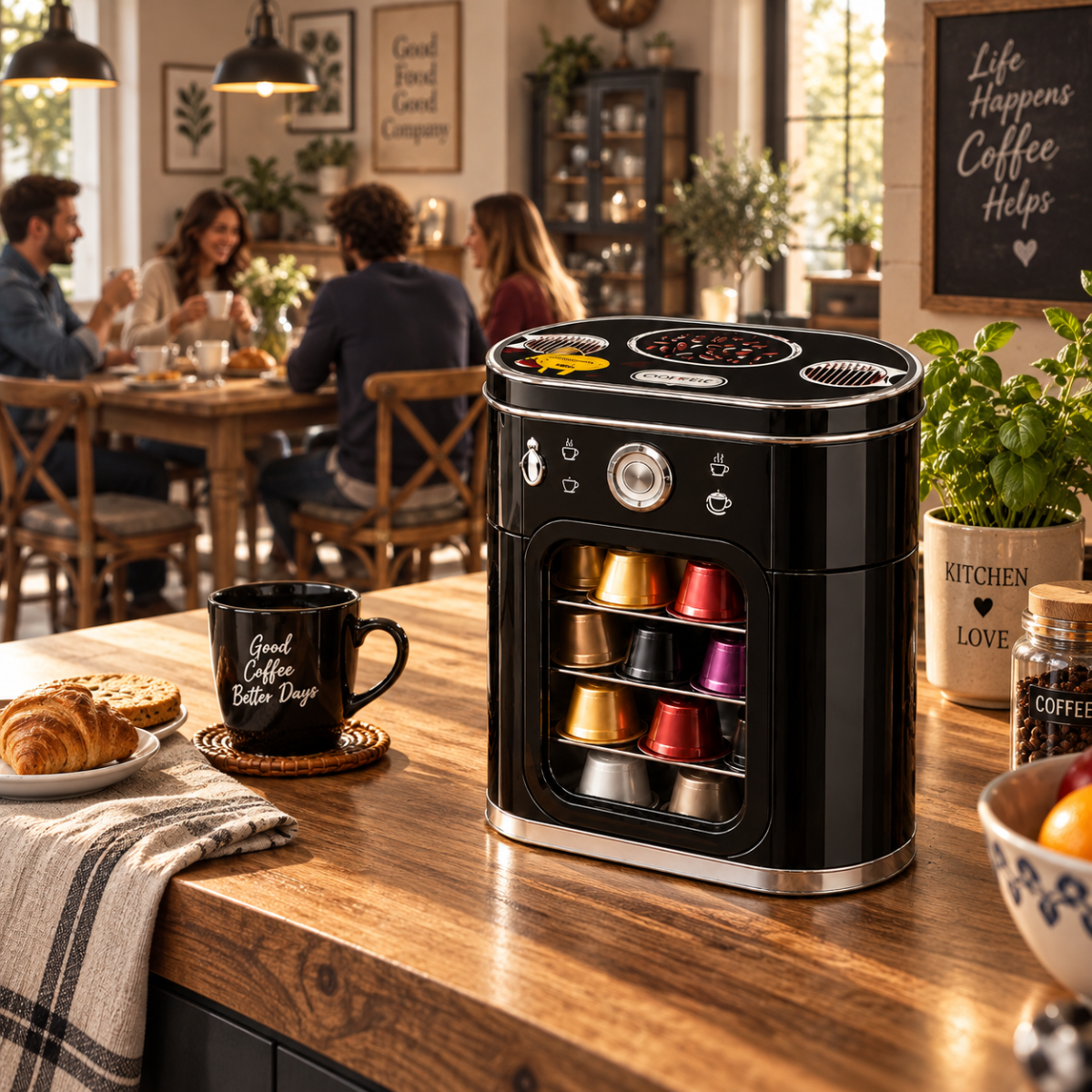Contenitore porta capsule caffè vintage nero, finestra con capsule multicolori