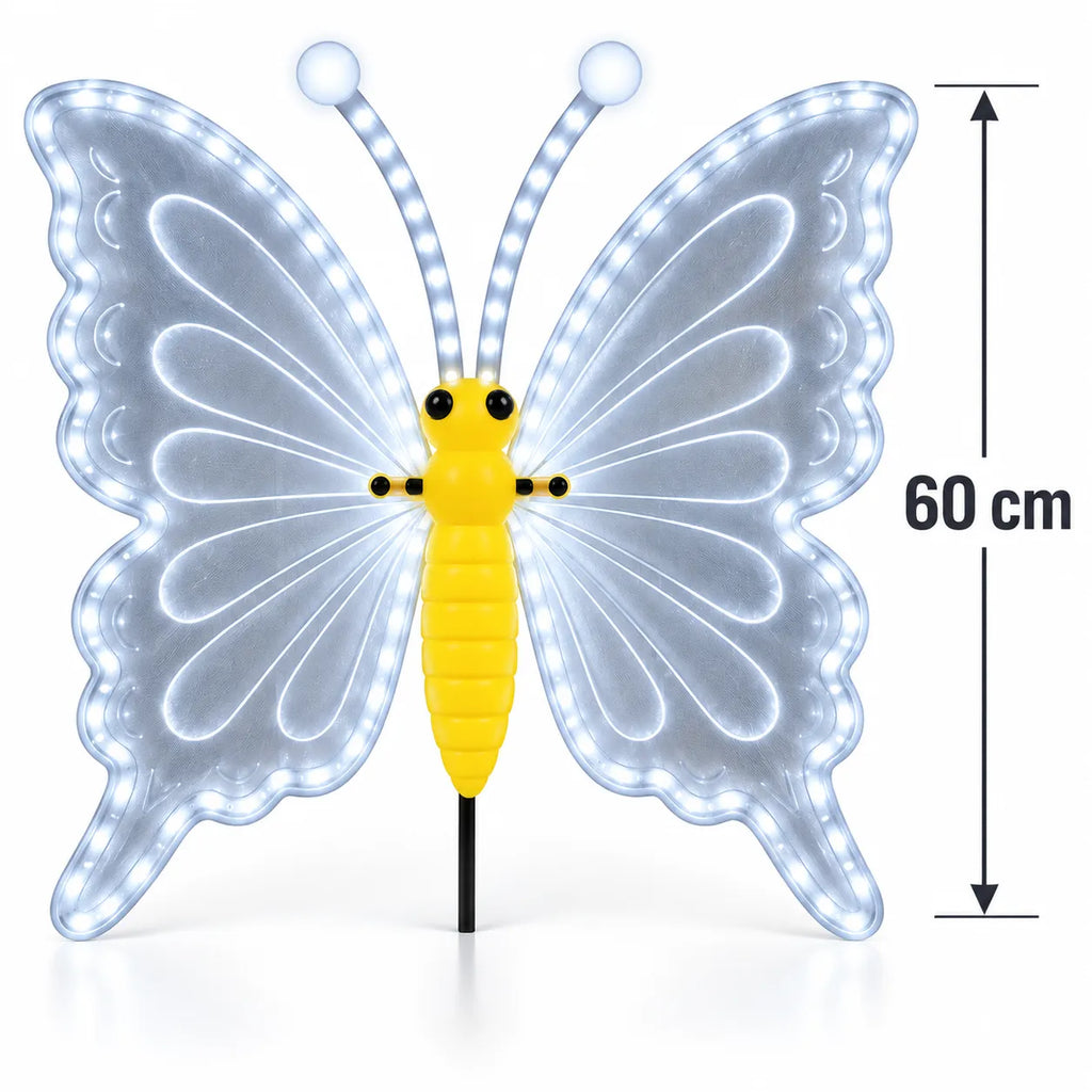 Farfalla LED decorativa 60 cm con asta, ali traslucide luminose e corpo giallo