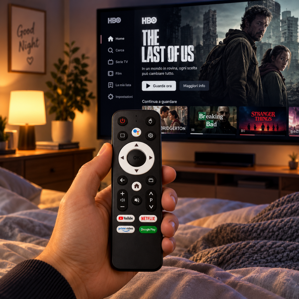 Telecomando nero per smart TV con tasti e OK, tenuto davanti a uno schermo