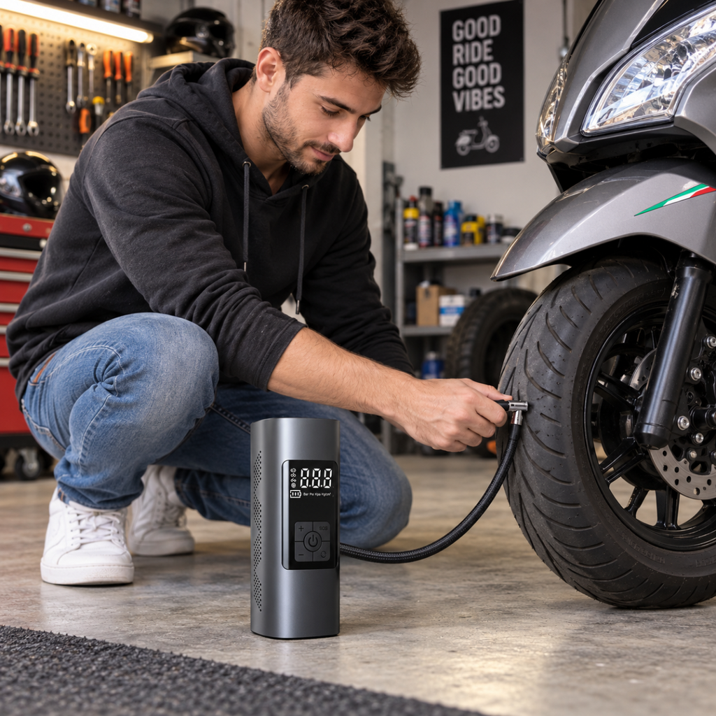 Compressore aria portatile elettrico collegato a una ruota di scooter