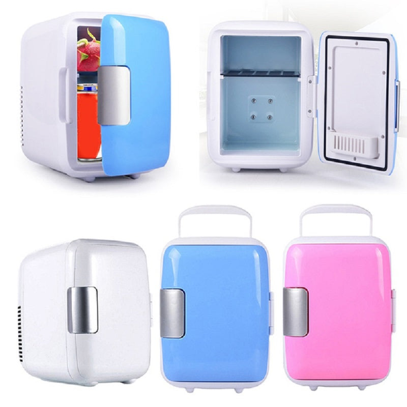 Frigo portatile bianco, blu e rosa: sportello aperto con vano interno visibile