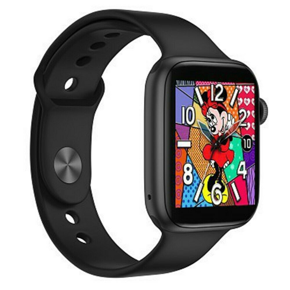 Smartwatch nero con cinturino in silicone e display rettangolare, quadrante multicolore