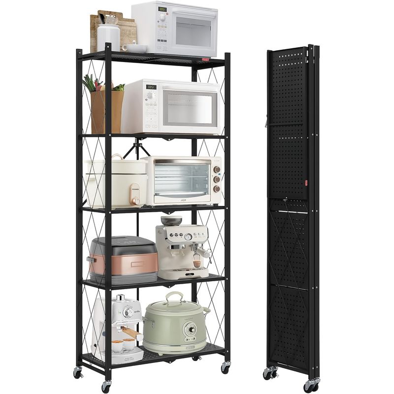 Carrello scaffale pieghevole nero a 5 ripiani con ruote 360°