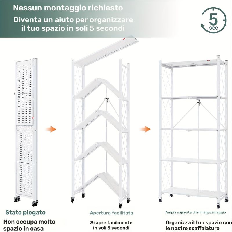 Scaffale pieghevole bianco con meccanismo di apertura e ripiani