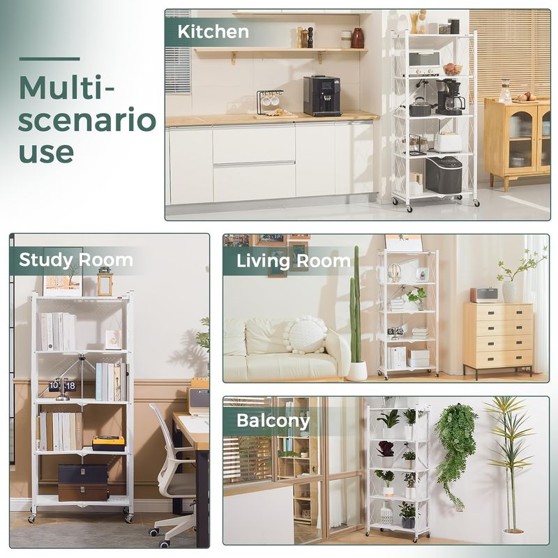 Carrello scaffale pieghevole bianco portatile con ripiani in casa