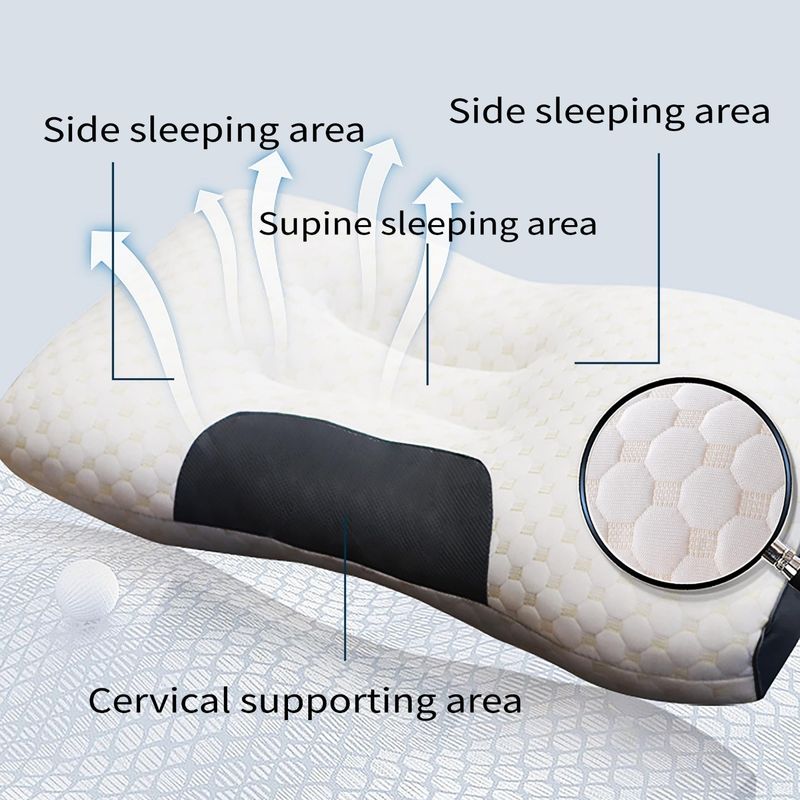 Cuscino ergonomico sagomato bianco con supporto scuro per collo e testa
