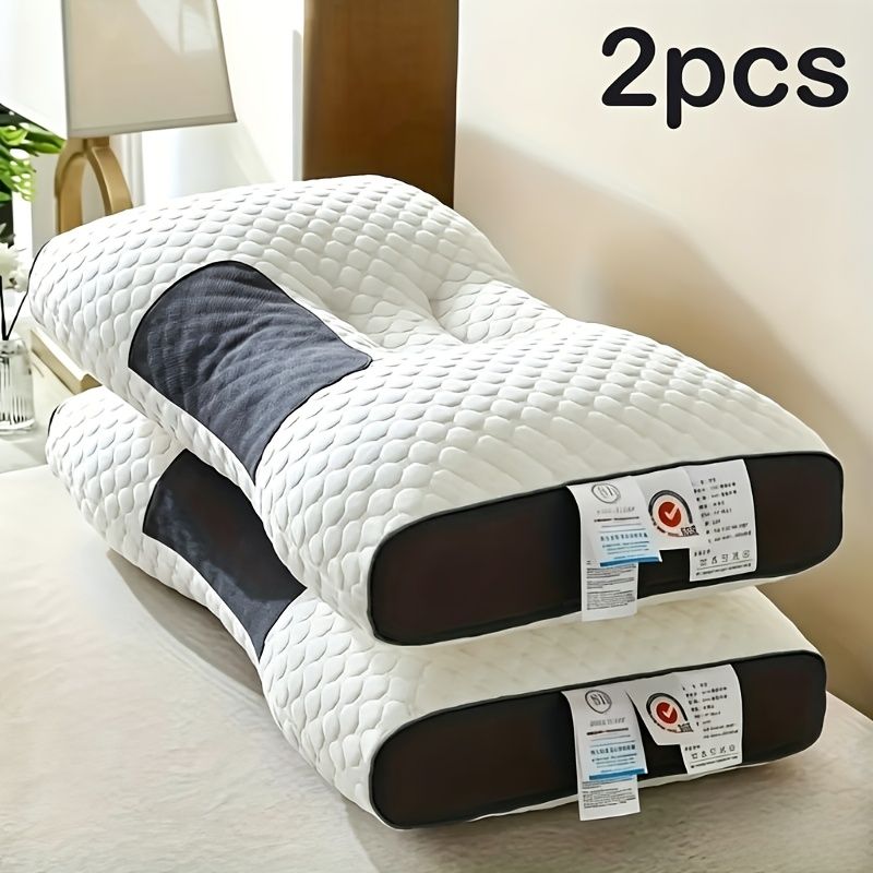 Cuscino ergonomico bianco sagomato con inserti scuri per collo e testa, 2 pezzi