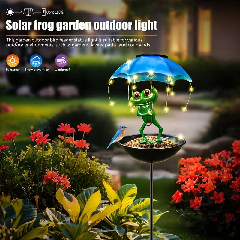 Mangiatoia solare con rana decorativa verde, ombrello LED blu e ciotola nera